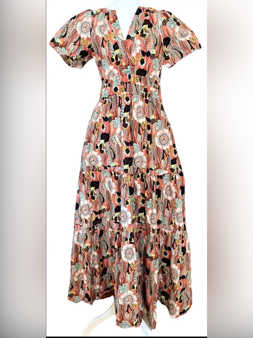 Anthropologie Maeve Floral Tiered Prairie Midi Dress 100% Cotton Boho XS P - Picture 2 of 10